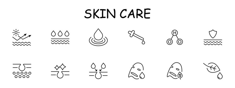 Skin care icon set. HO2, hydroperoxyl, leaf, drops, liquid, mask, natural products, skin protection, cream, oil, silhouette, . Health care concept. Vector line icon.