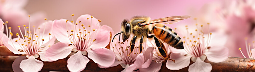 A bee is sitting on a pink flower. The flower is surrounded by other pink flowers. The bee is the main focus of the image - obrazy, fototapety, plakaty