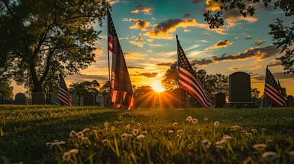American flags in cemetery at sunrise, commemorating military service and sacrifice