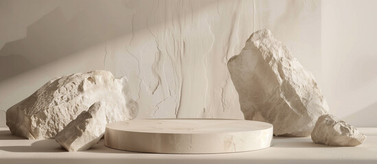 A minimalist podium made of beige, surrounded by large rocks