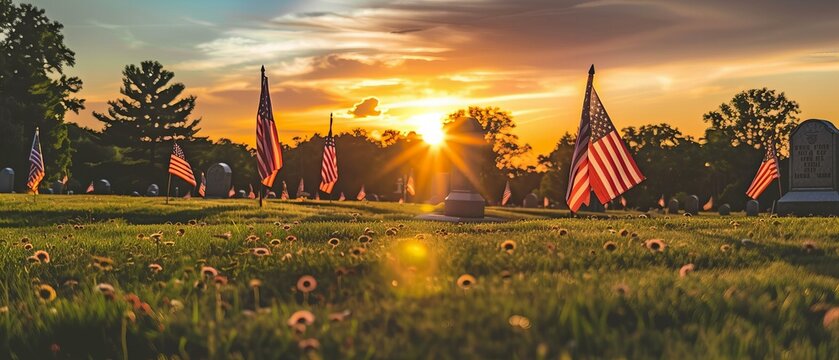 American flags in cemetery at sunrise, commemorating military service and sacrifice