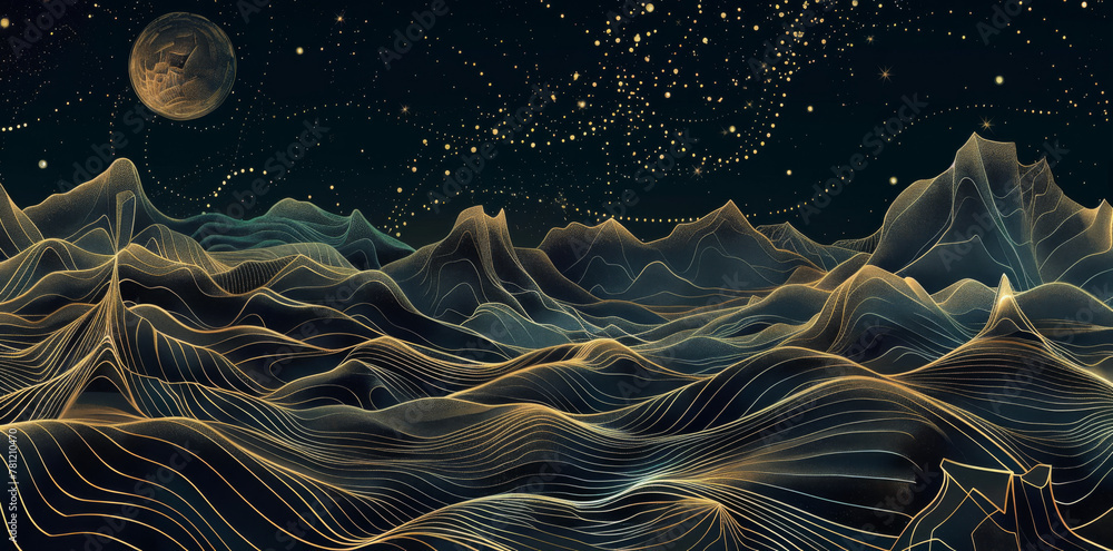 Wall mural abstract vector background with golden lines, mountains and stars on a dark sky in a night landscape