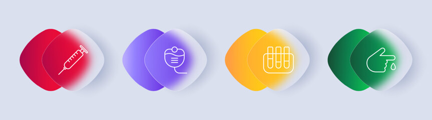 Medical equipped icon set. Syringe, container, needle, equipment, dropper, liquid, flask, hand, finger, blood, flat design, gradient. Medical research concept. Glassmorphism style.