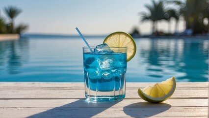 summer blue cocktail with lime on wooden table near the swimming pool