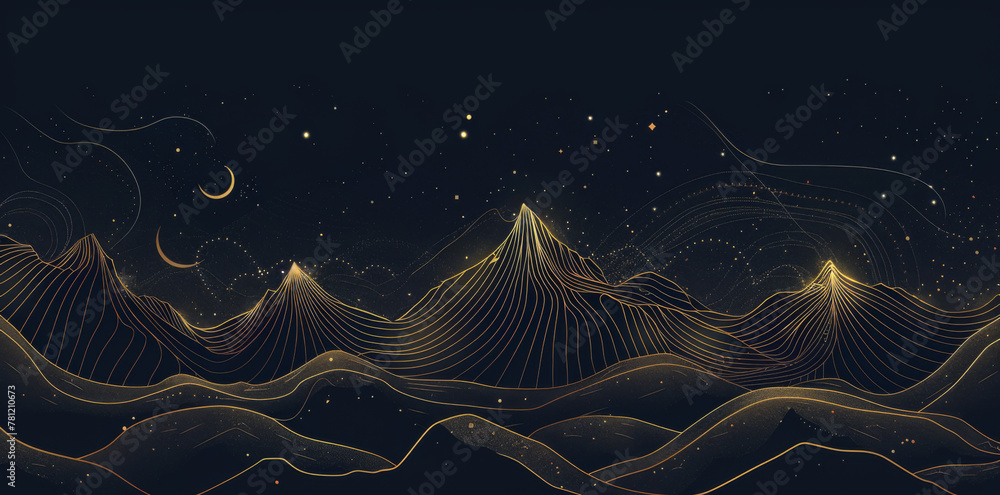 Wall mural abstract vector background with golden lines, mountains and stars on a dark sky in a night landscape