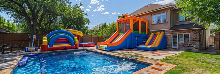 Inflatable water slides by a swimming pool in a backyard. Residential outdoor fun concept