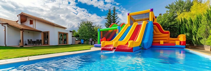 Inflatable water slides by a swimming pool in a backyard. Residential outdoor fun concept