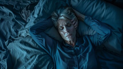 Senior woman lying in bad, insomnia concept - obrazy, fototapety, plakaty