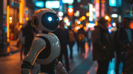 AI robot in a busy urban setting, interacting with people, showcasing a blend of human and robotic elements, Dynamic and engaging