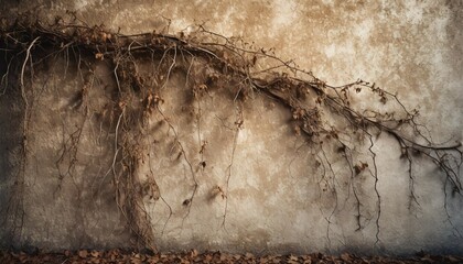 dry vines growing on a plain flat stucco wall clinging vine attached to the side of a building - obrazy, fototapety, plakaty
