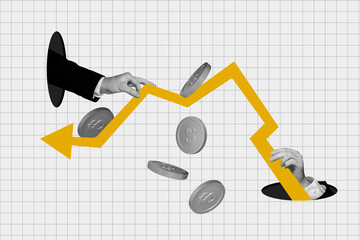 Creative collage picture human hands hold dynamic arrow chart coins bitcoin cryptocurrency money...