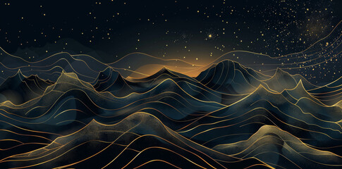 Abstract vector background with golden lines, mountains and stars on a dark sky in a night landscape