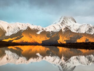 Beautiful shot of a lake surrounded by mountains covered in snow