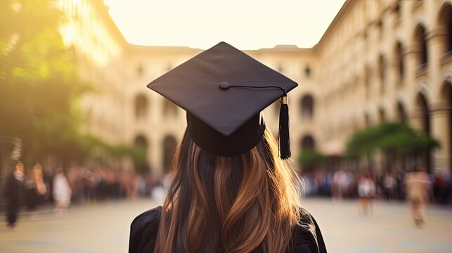 Girl in graduation hat from behind, blurred university background