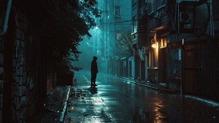 Lonely figure standing in a rain-soaked alleyway, dim streetlights 