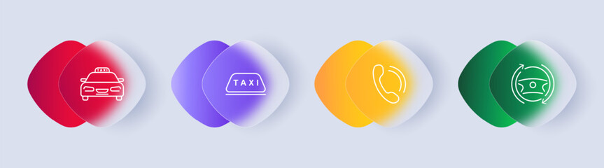Taxi set icon. Car, taxi, 24 hour service, driving, vehicle, telephone, call, challenge, steering wheel, turn, headlights, wheels, sign, handset, scrolling, gradient. Glassmorphism style.