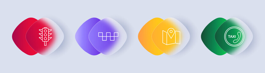 Taxi set icon. Pole, lamp, pedestrian crossing, sign, map, geolocation, location, telephone, handset, call, banner, traffic light, gradient. Glassmorphism style.