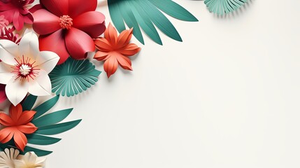 Fototapeta na wymiar Paper flowers with palm leaves on white background with copy space. Abstract natural floral frame layout. summer banner