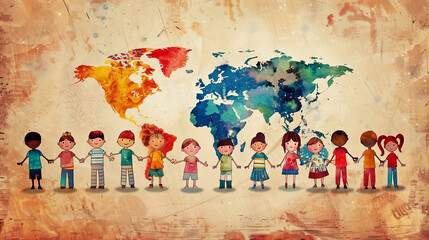 Fototapeta premium International Children's Day , illustration of children holding hands on the background of a planet map