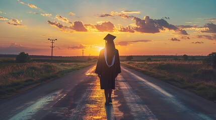 Girl in graduation hat from behind, street road with sunset background