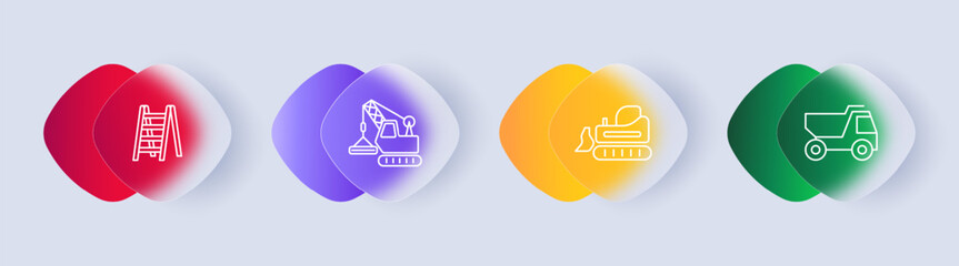 Construction set icon. Repair supplies, equipment, gradient, ladder, heavy equipment, crane, hoist, Kamaz, transport vehicle, tracks. Construction equipment concept. Glassmorphism style.