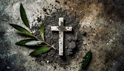 ash wednesday concept with cross ashes and olive leaves on concrete stone background - Powered by Adobe