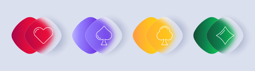 Card suits set icon. Spades, diamonds, crosses, hearts, card game, silhouettes, casino, bet, game for money, gradient. Gambling, allure and excitement of gaming world concept. Glassmorphism style.