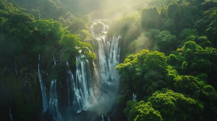 Aerial view of a majestic waterfall in a dense forest