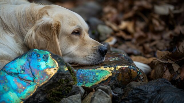 Labrador dog lying on the ground on labradorite rocks. 