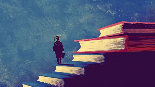 student graduate climbs the stairs from books, blue background