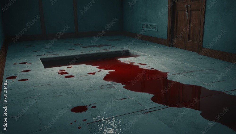 Poster an ominous pool of blood spreads across an empty room's floor, hinting at an unseen horror and capti
