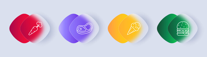 Food set icon. Carrots, natural product, burger, fast food, healthy junk and fatty food, steak, medium rare, ice cream, cone, gradient, yolk, white, delicacies, unusual food. Glassmorphism style.