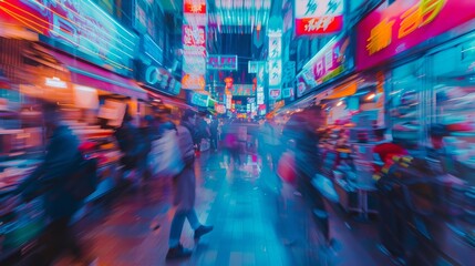 Obraz premium AI android walking through a neon-lit market street in a cyberpunk city