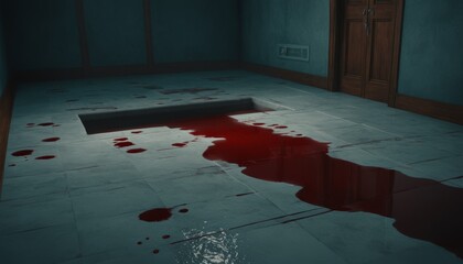 An ominous pool of blood spreads across an empty room's floor, hinting at an unseen horror and captivating for crime thrillers.. AI Generation