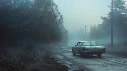 An abandoned car on a foggy road at dawn, the surrounding forest looming