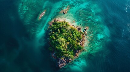 Drone photo capturing an isolated island surrounded by crystal-clear waters, lush tropical vegetation - obrazy, fototapety, plakaty