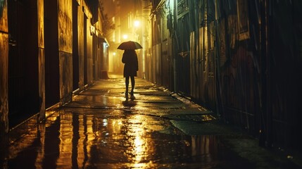 Lonely figure standing in a rain-soaked alleyway, dim streetlights casting long shadows, a sense of mystery and anticipation