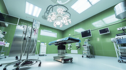 Operating room with state-of-the-art equipment and green walls, clinical and bright