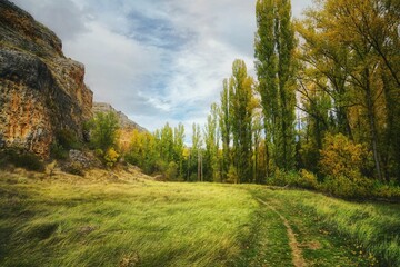 Beautiful landscape with a meadow in the middle of Streep rocks and colorful autumn forests
