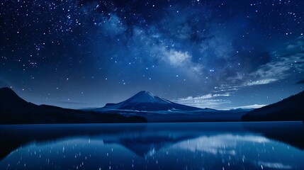 Mountain peak under star-filled sky reflecting in a lake. Nighttime wilderness landscape.