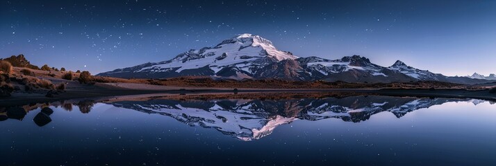 Starry night sky over mountain and reflective lake. Milky Way view. Nature and universe concept