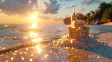 A beach with sand castles, golden hour, sparkling sea water, cinematic lighting
