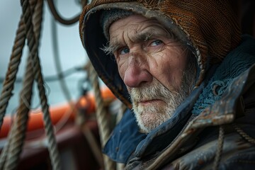 Elderly fisherman with weathered features portrait. Life experience and storytelling concept.