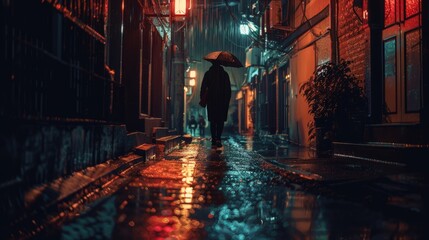 Lonely figure standing in a rain-soaked alleyway, dim streetlights casting long shadows, a sense of...