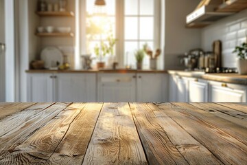 Fototapeta premium Bright and clean wood table top, blurred kitchen interior, ready for product placement