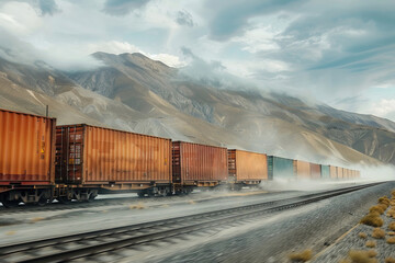 Fototapeta premium Cargo train with intermodal containers racing along, a metaphor for the fast pace of trade