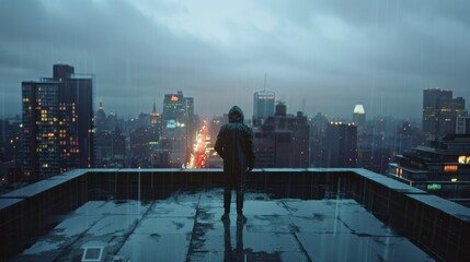 Solitary AI figure on a rain-soaked rooftop overlooking a sprawling cyberpunk metropolis