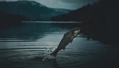 fish jumping out of the water landscape fishing lake nature background generative ai