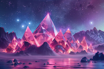 Cosmic scene with neon geometric shapes and stars, set in a futuristic, otherworldly dimension