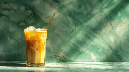 Double wall glass iced caramel latte, eco friendly straw, marble and green wall, light prism